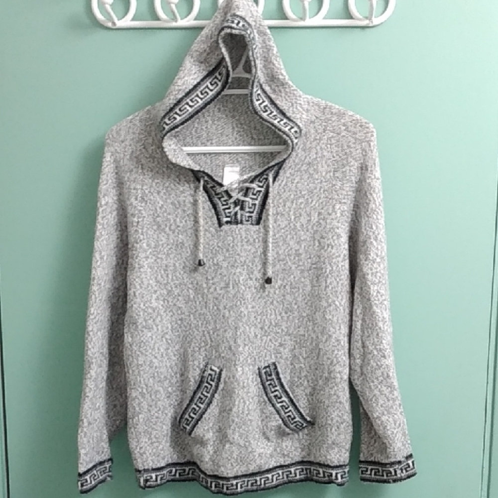 WOLIES Vintage Womens Gray Aztec Look Wool Hoodie. Front Pouch Pocket, Size M